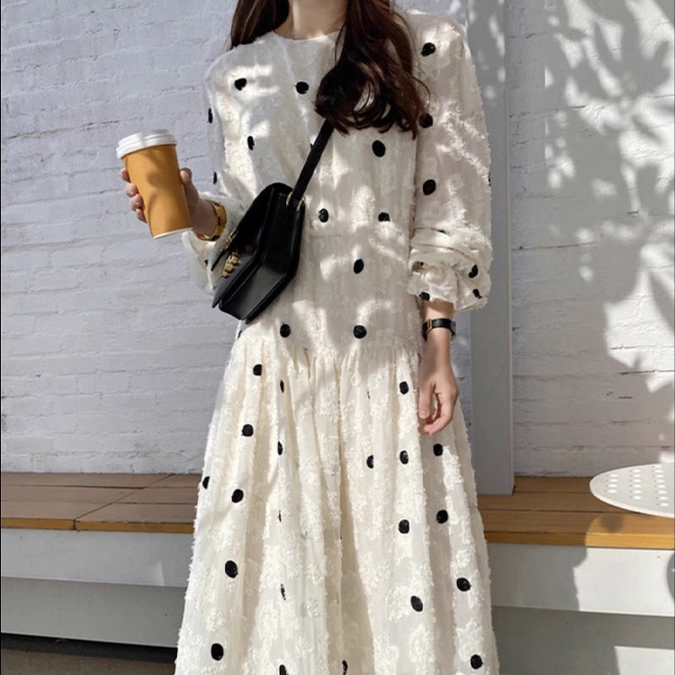 ドット柄 ジャガード 長袖 ティアード ロングワンピース