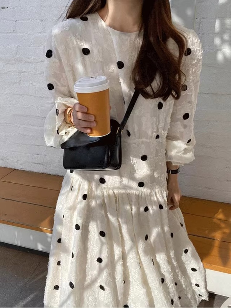 ドット柄 ジャガード 長袖 ティアード ロングワンピース