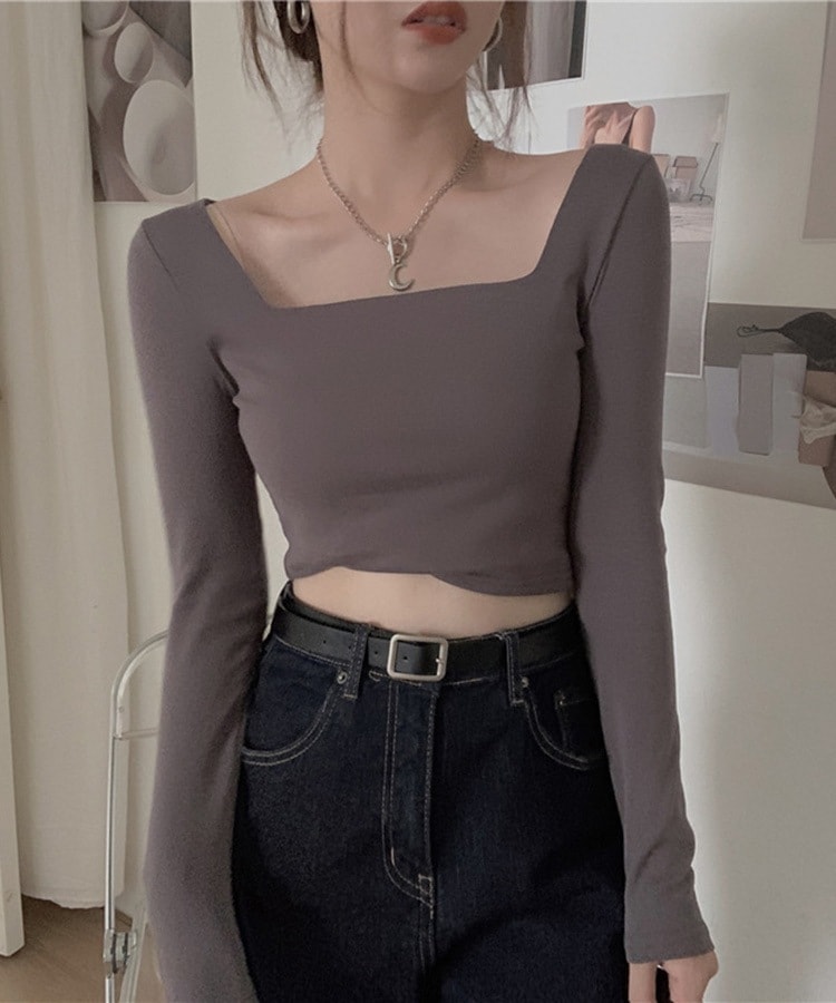 シンプル スクエアネック ショート丈 長袖 カットソー

