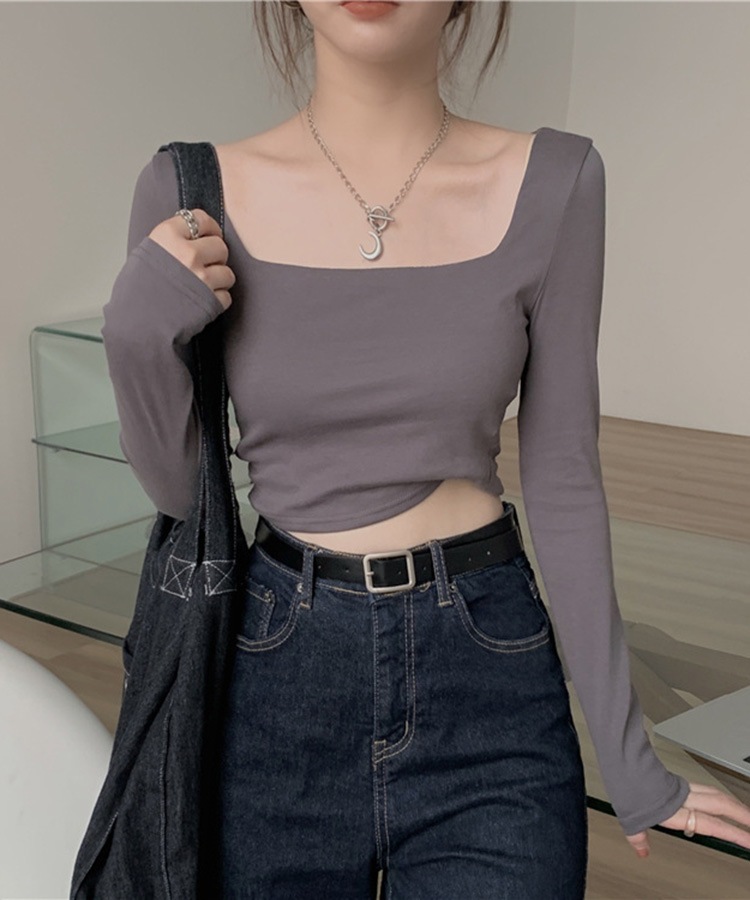 シンプル スクエアネック ショート丈 長袖 カットソー

