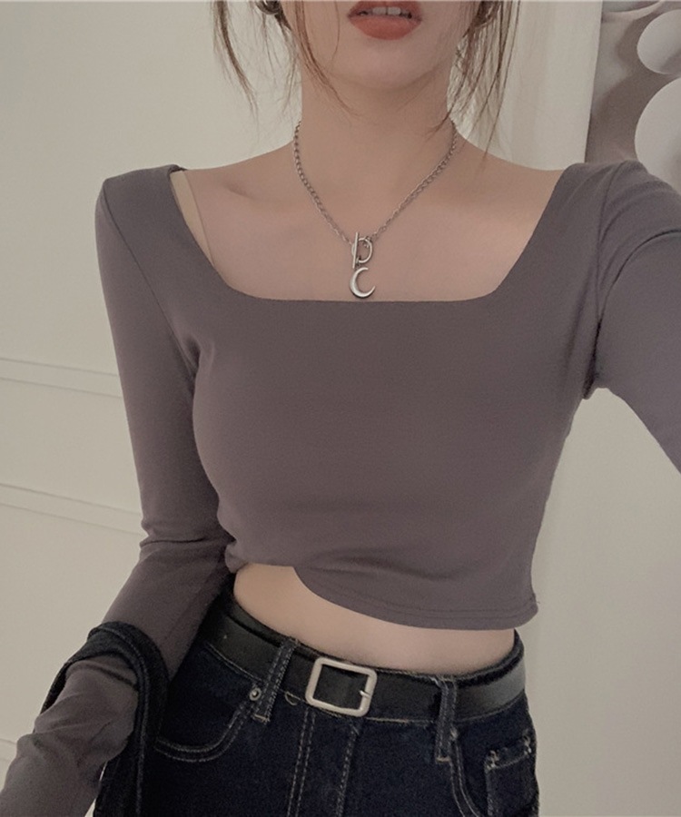 シンプル スクエアネック ショート丈 長袖 カットソー

