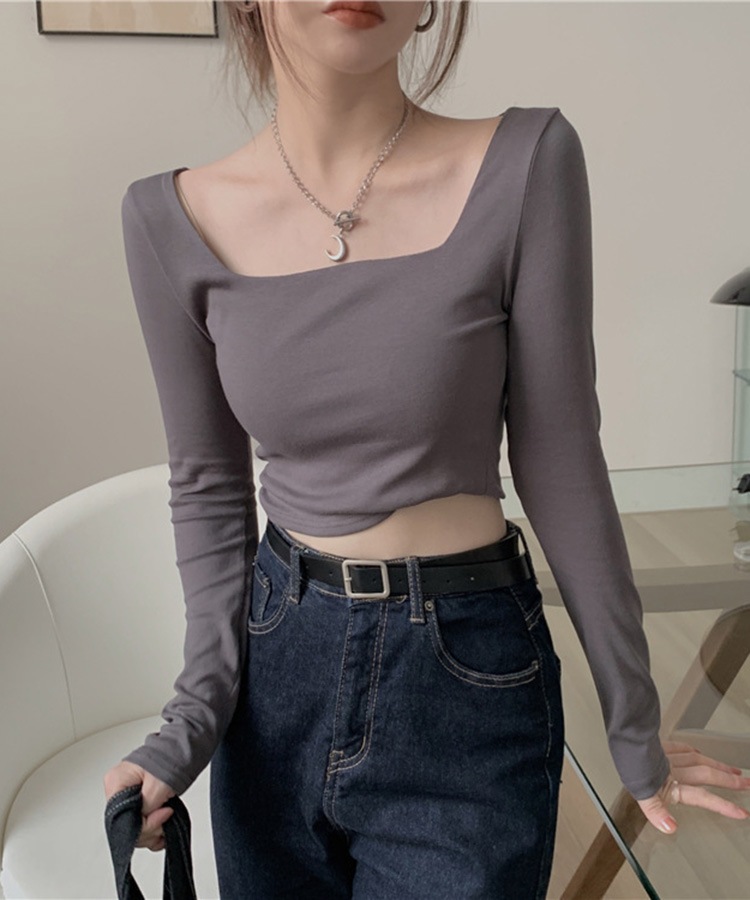 シンプル スクエアネック ショート丈 長袖 カットソー

