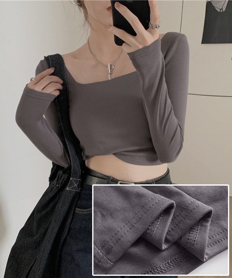 シンプル スクエアネック ショート丈 長袖 カットソー

