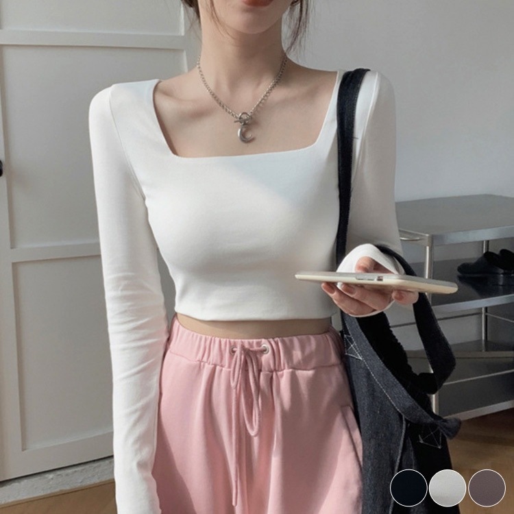 シンプル スクエアネック ショート丈 長袖 カットソー

