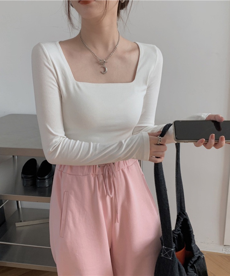 シンプル スクエアネック ショート丈 長袖 カットソー

