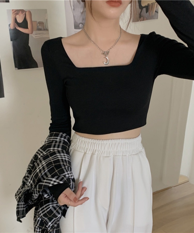 シンプル スクエアネック ショート丈 長袖 カットソー

