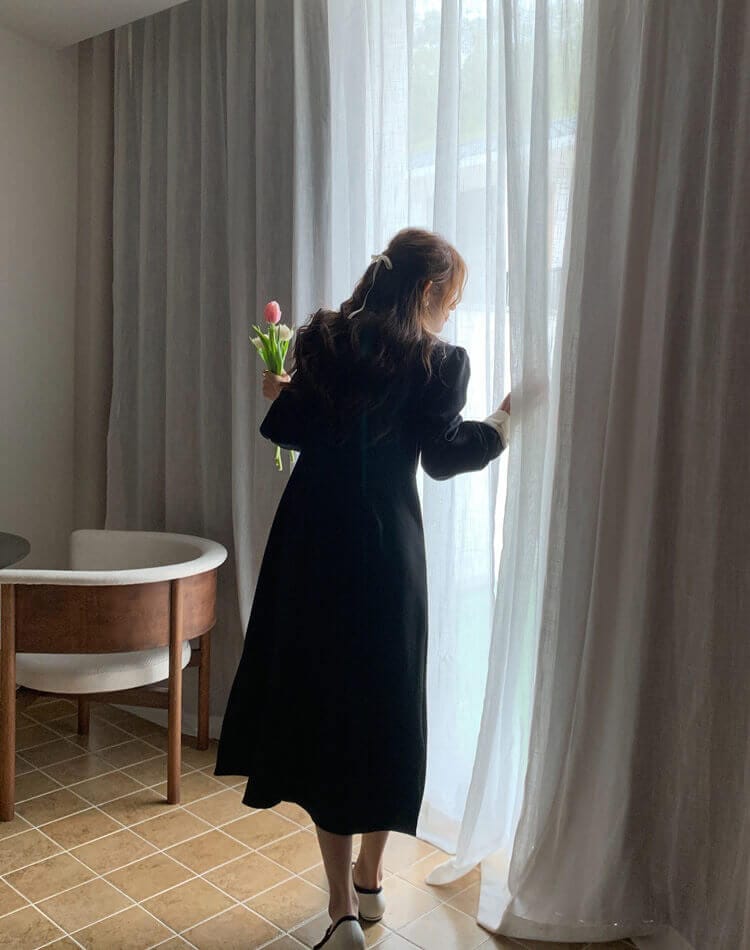 モックネック リボン 長袖 ミモレ丈 ワンピース