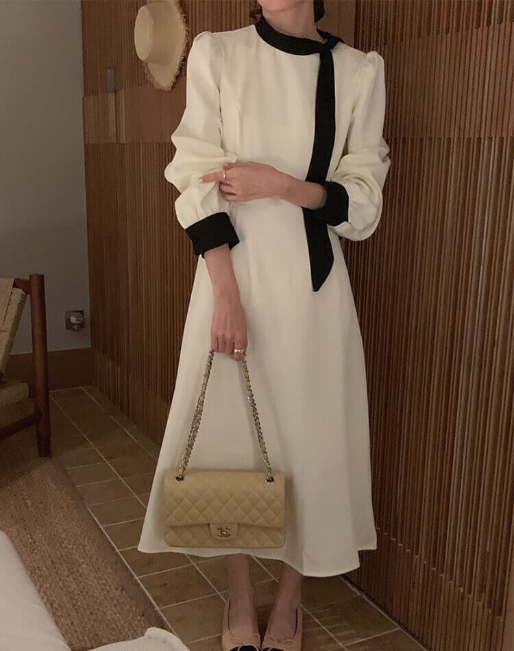 モックネック リボン 長袖 ミモレ丈 ワンピース