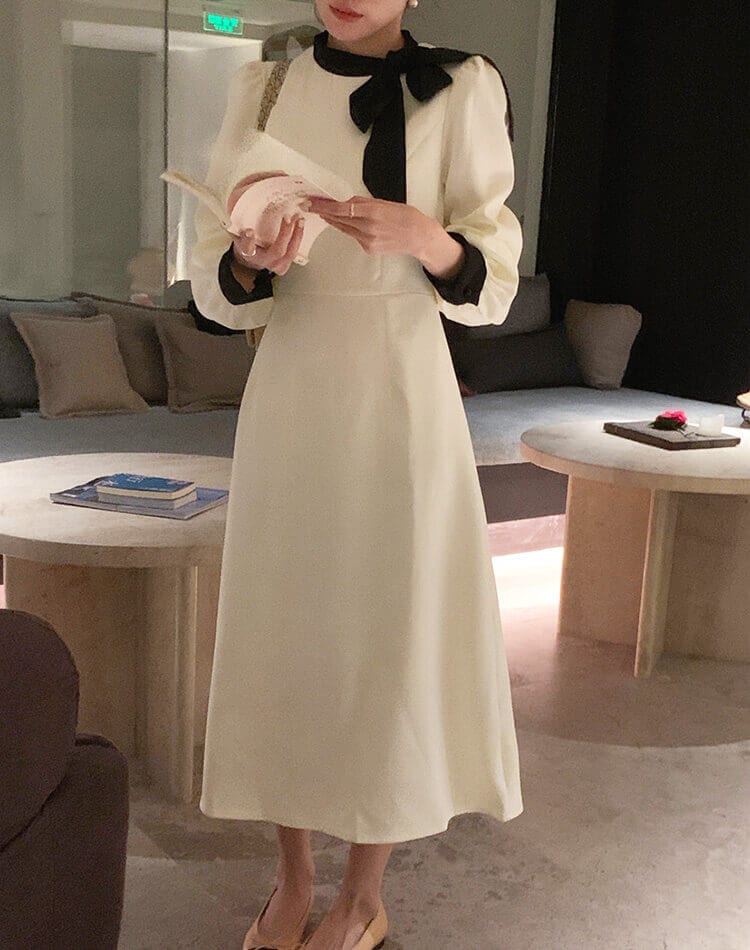 モックネック リボン 長袖 ミモレ丈 ワンピース