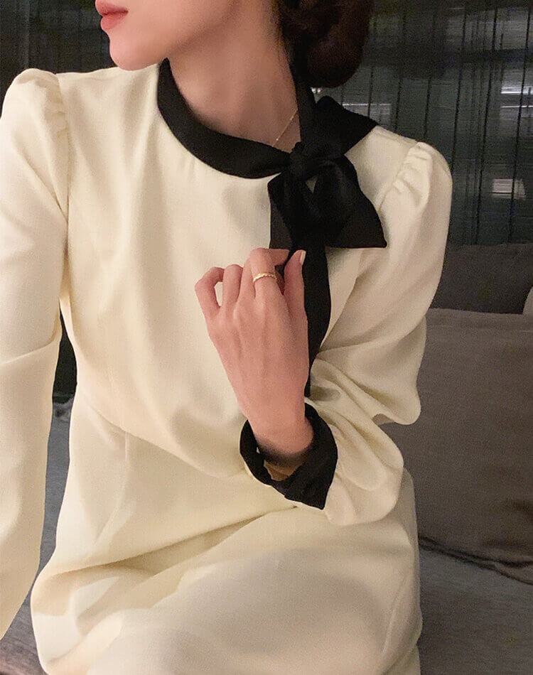 モックネック リボン 長袖 ミモレ丈 ワンピース