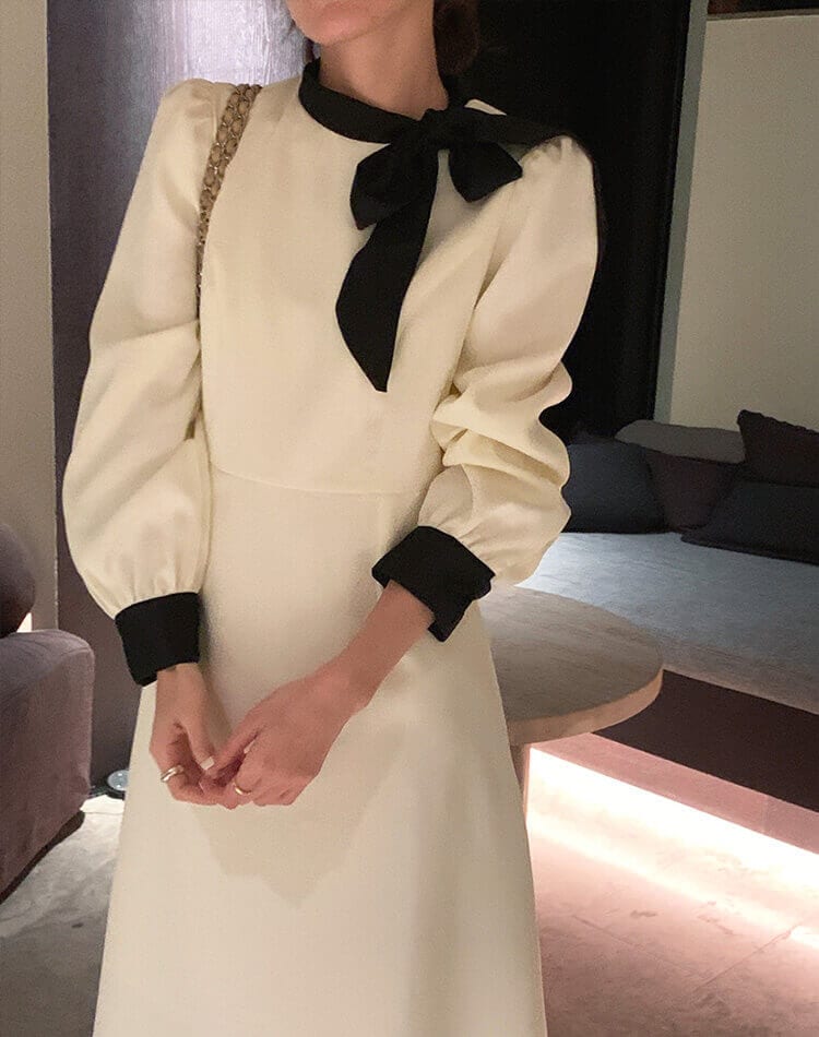 モックネック リボン 長袖 ミモレ丈 ワンピース