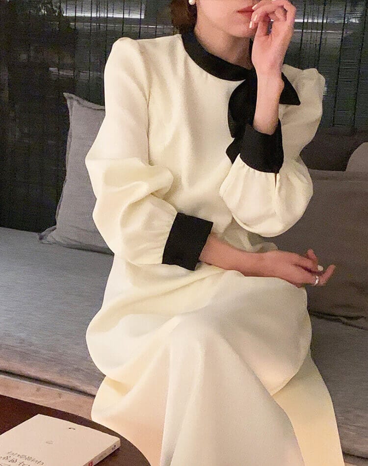 モックネック リボン 長袖 ミモレ丈 ワンピース