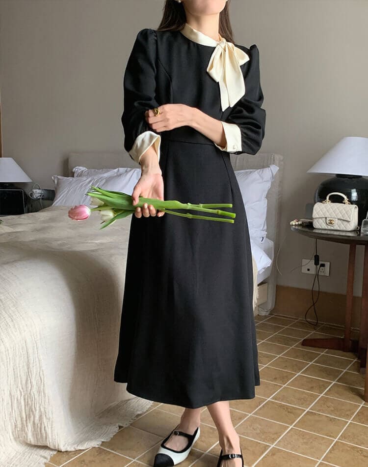 モックネック リボン 長袖 ミモレ丈 ワンピース