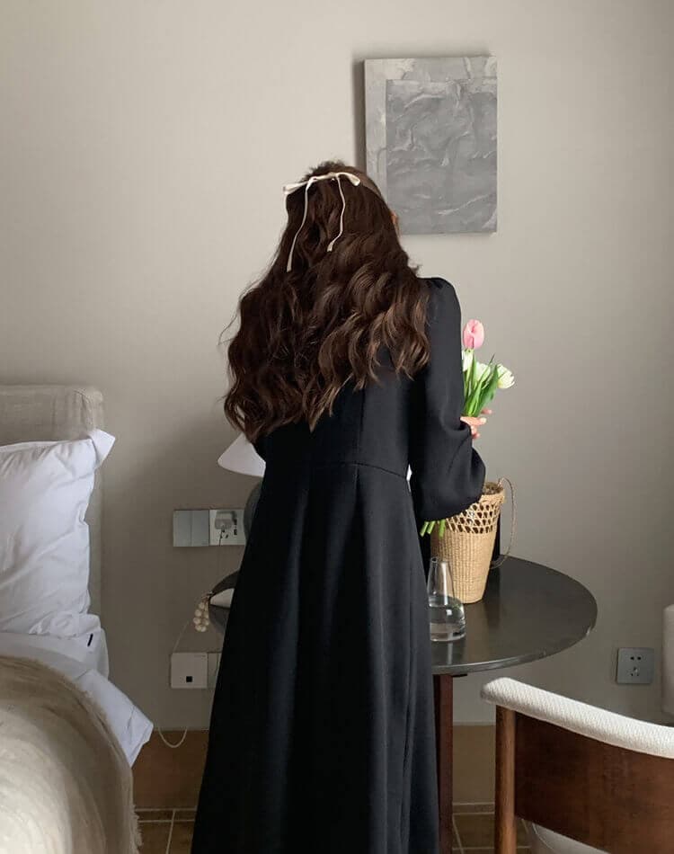 モックネック リボン 長袖 ミモレ丈 ワンピース