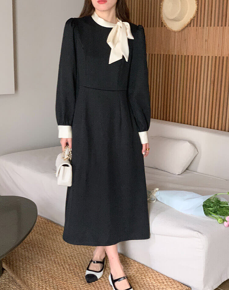 モックネック リボン 長袖 ミモレ丈 ワンピース