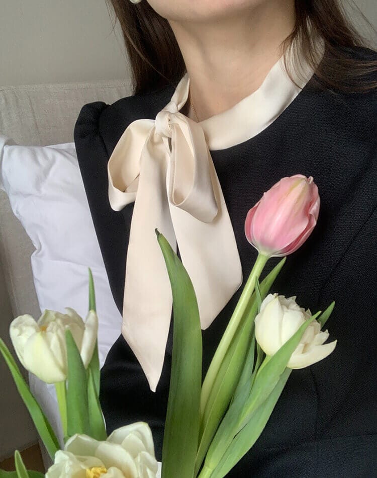 モックネック リボン 長袖 ミモレ丈 ワンピース