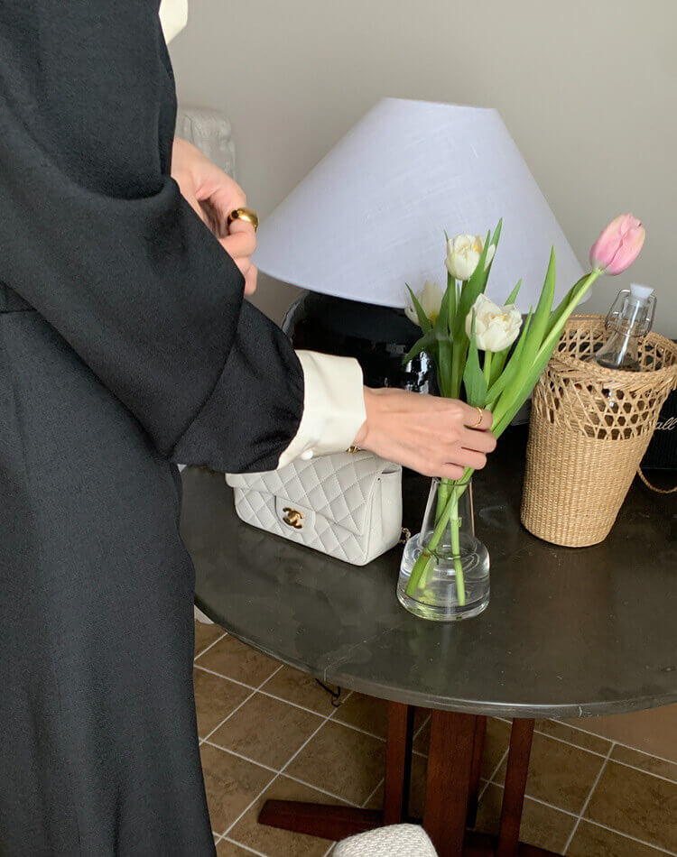 モックネック リボン 長袖 ミモレ丈 ワンピース