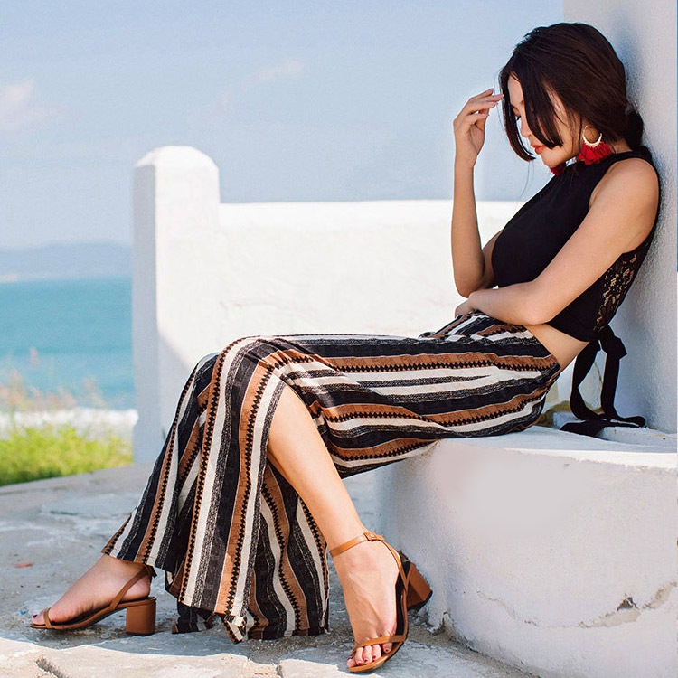 アジアンスタイル カジュアルなスリット入りロングパンツ