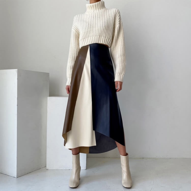 バイカラー スリット フェイクレザー スカート