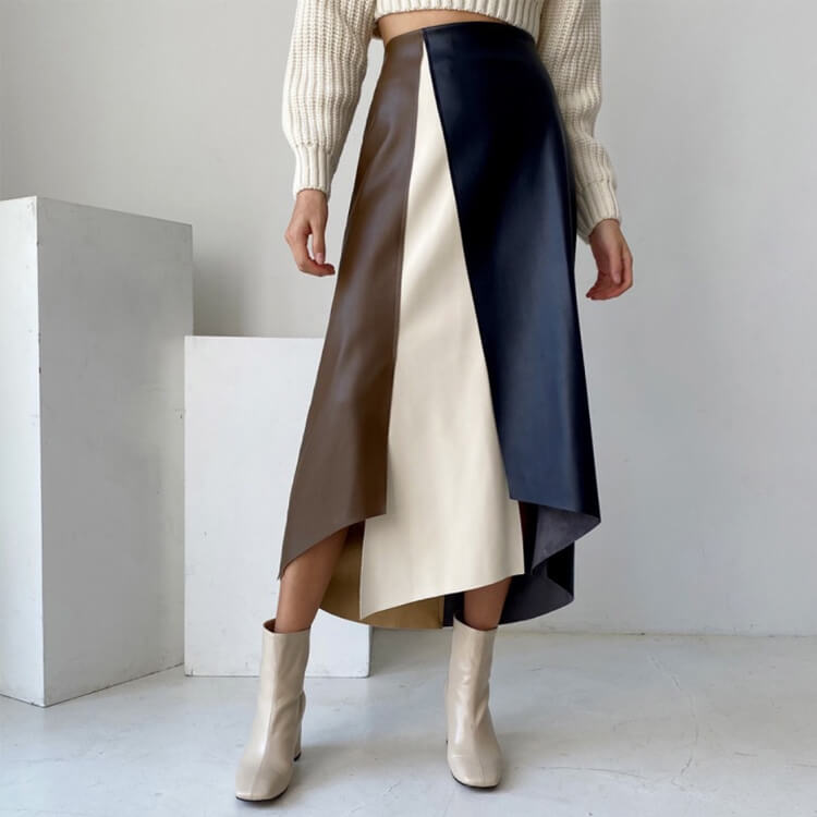バイカラー スリット フェイクレザー スカート