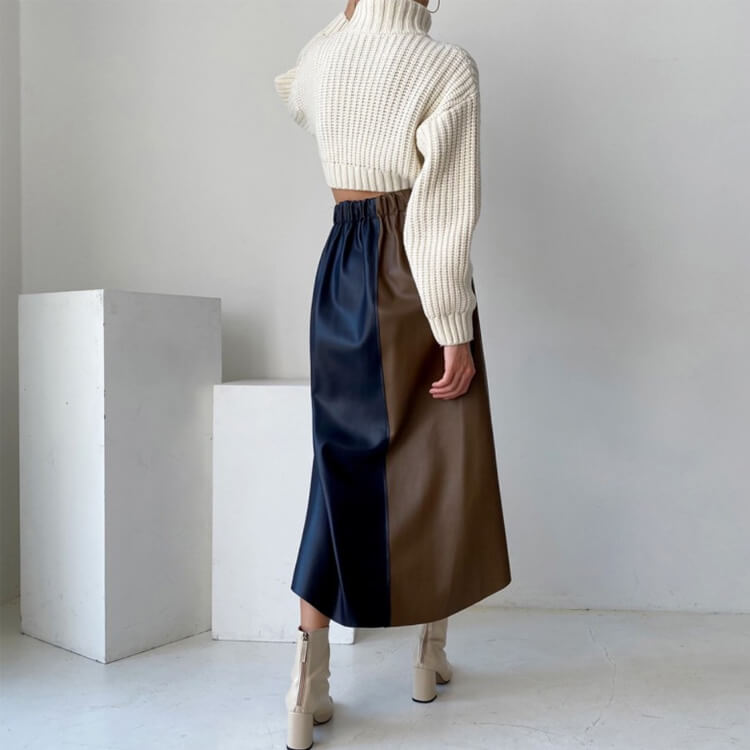 バイカラー スリット フェイクレザー スカート