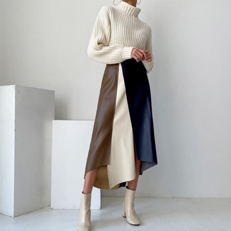 バイカラー スリット フェイクレザー スカート