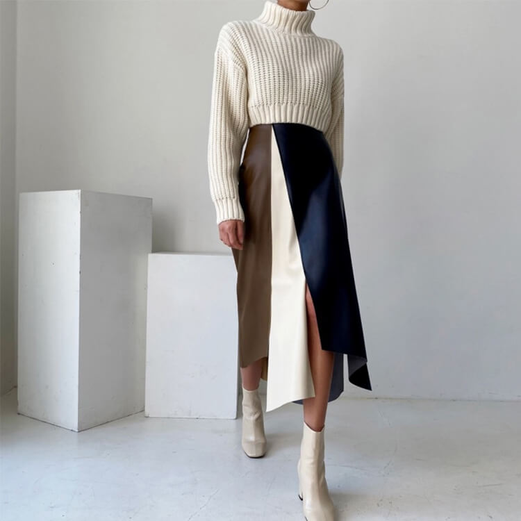 バイカラー スリット フェイクレザー スカート