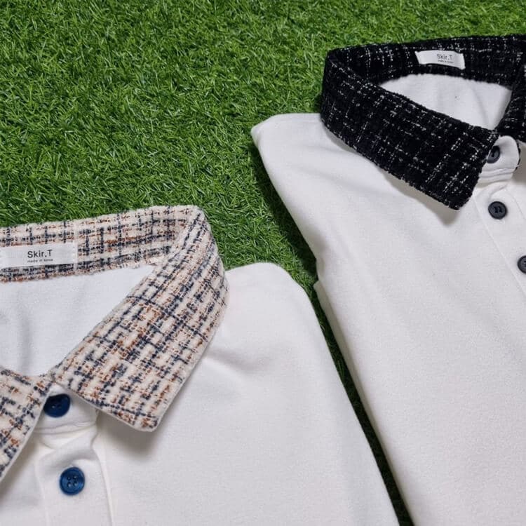 韓国ゴルフウェア ツイードチェック襟 長袖 ポロシャツ