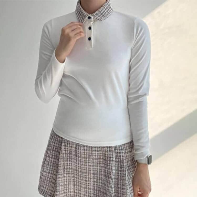 韓国ゴルフウェア ツイードチェック襟 長袖 ポロシャツ