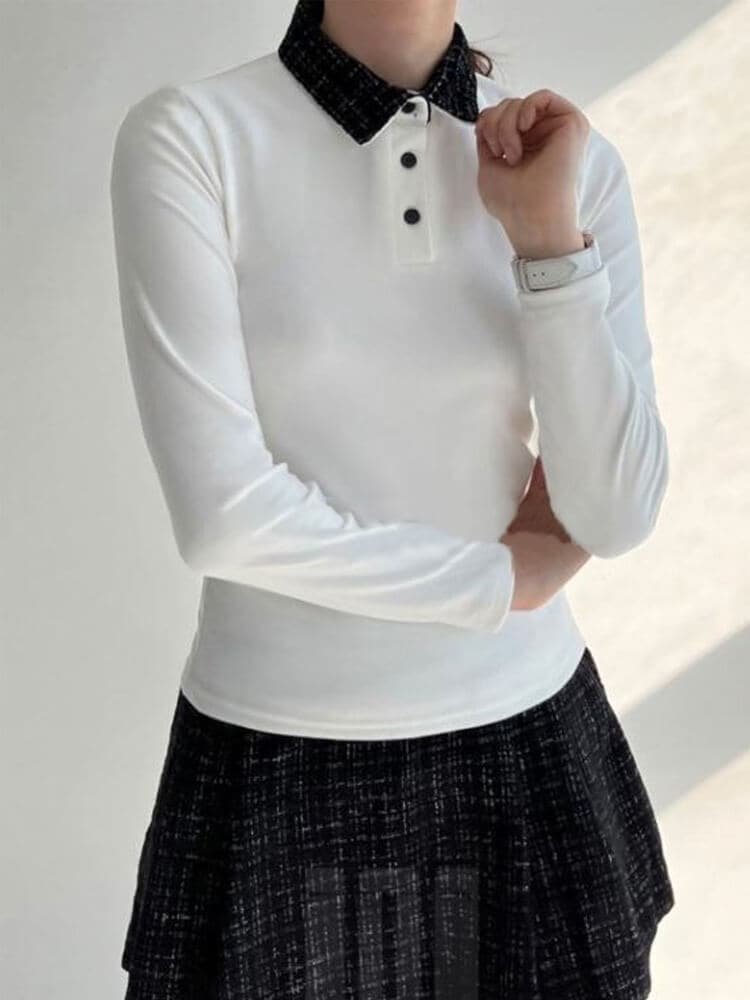 韓国ゴルフウェア ツイードチェック襟 長袖 ポロシャツ