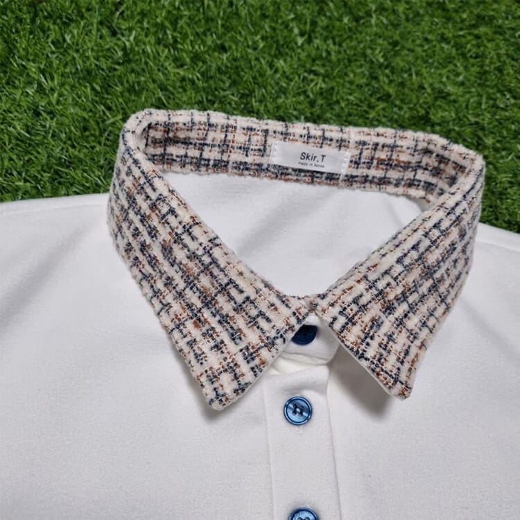 韓国ゴルフウェア ツイードチェック襟 長袖 ポロシャツ