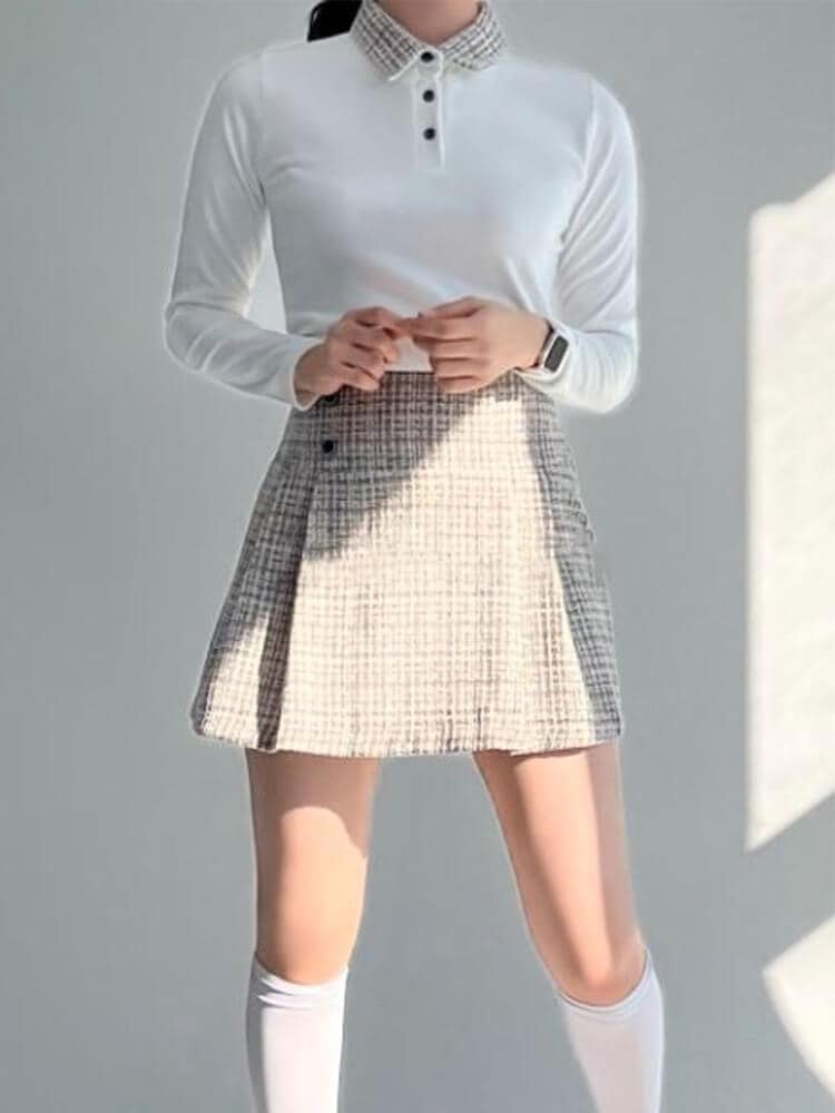 韓国ゴルフウェア ツイードチェック襟 長袖 ポロシャツ