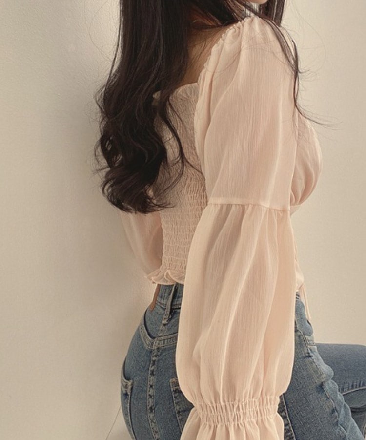 ふんわり シフォン フリル×リボン 長袖ブラウス