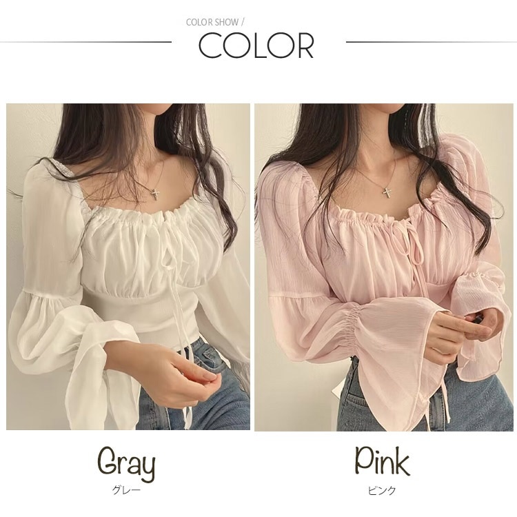 ふんわり シフォン フリル×リボン 長袖ブラウス