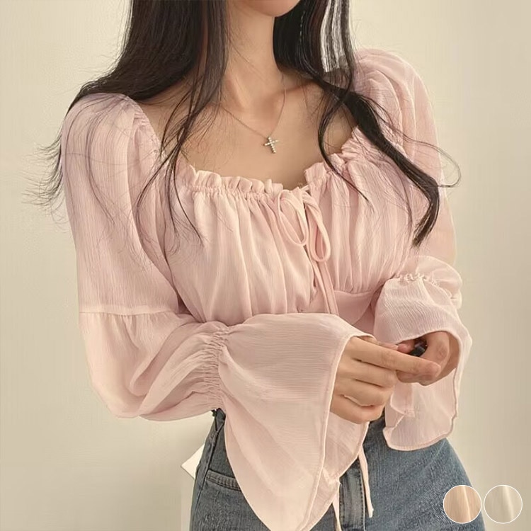 ふんわり シフォン フリル×リボン 長袖ブラウス