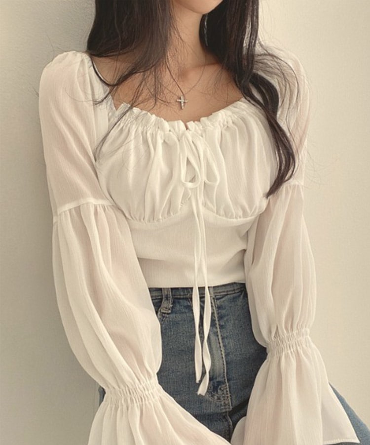 ふんわり シフォン フリル×リボン 長袖ブラウス