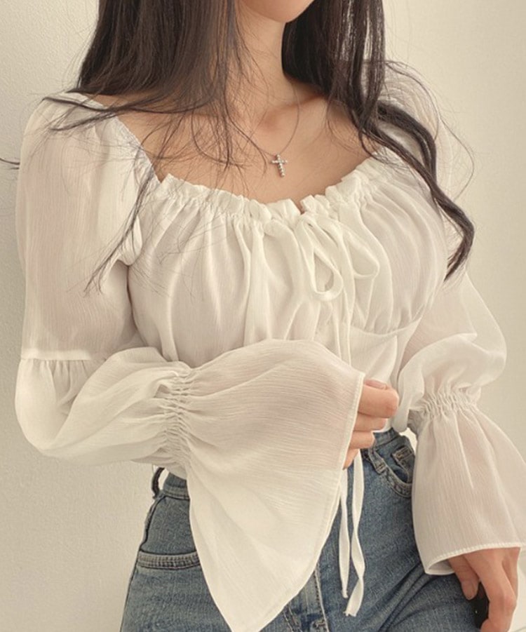 ふんわり シフォン フリル×リボン 長袖ブラウス