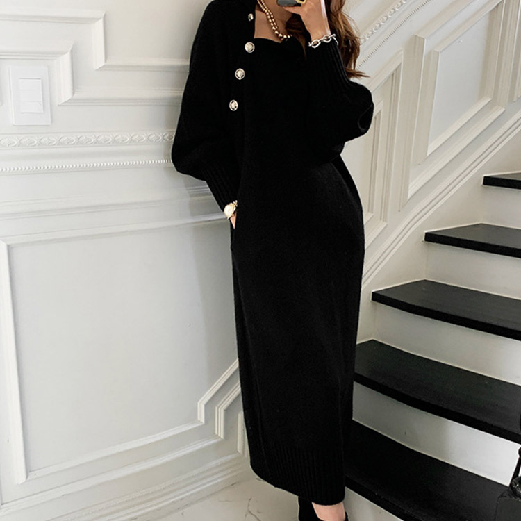 ボタンデザイン ハイネック ニットワンピース