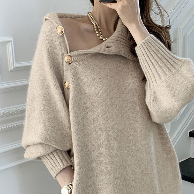 ボタンデザイン ハイネック ニットワンピース