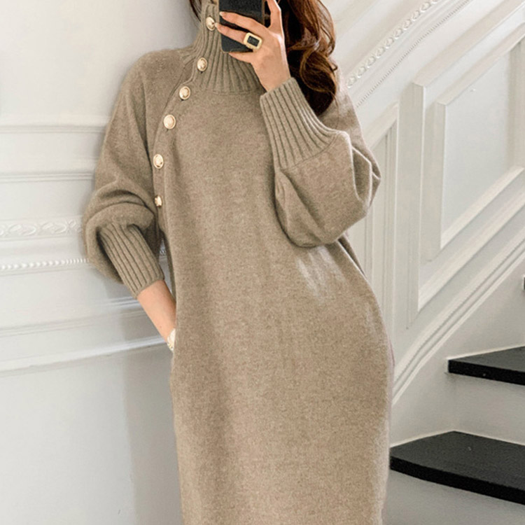 ボタンデザイン ハイネック ニットワンピース