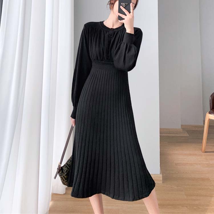 バルーンスリーブ プリーツ 切り替え ミモレ丈 ニットワンピース