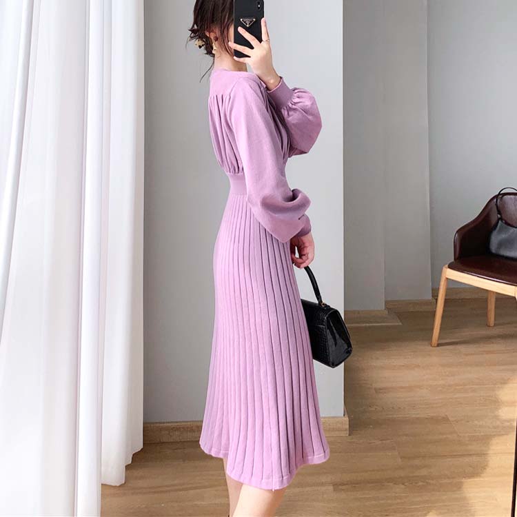 バルーンスリーブ プリーツ 切り替え ミモレ丈 ニットワンピース