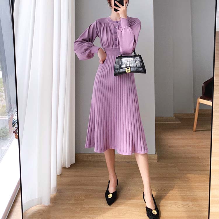 バルーンスリーブ プリーツ 切り替え ミモレ丈 ニットワンピース