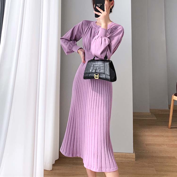 バルーンスリーブ プリーツ 切り替え ミモレ丈 ニットワンピース