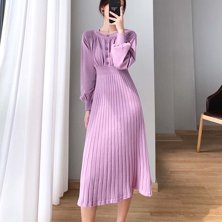 バルーンスリーブ プリーツ 切り替え ミモレ丈 ニットワンピース