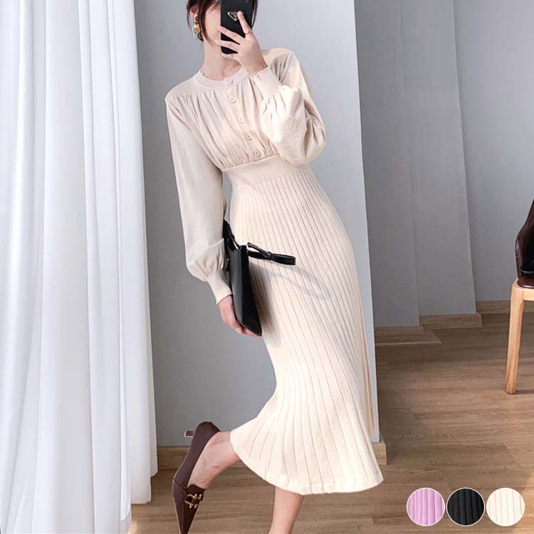 バルーンスリーブ プリーツ 切り替え ミモレ丈 ニットワンピース