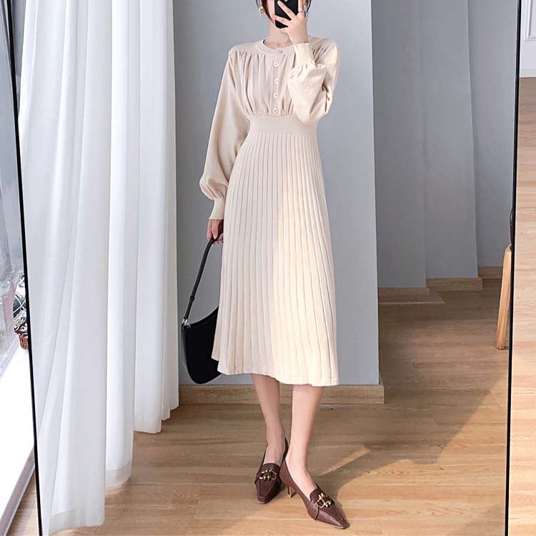 バルーンスリーブ プリーツ 切り替え ミモレ丈 ニットワンピース