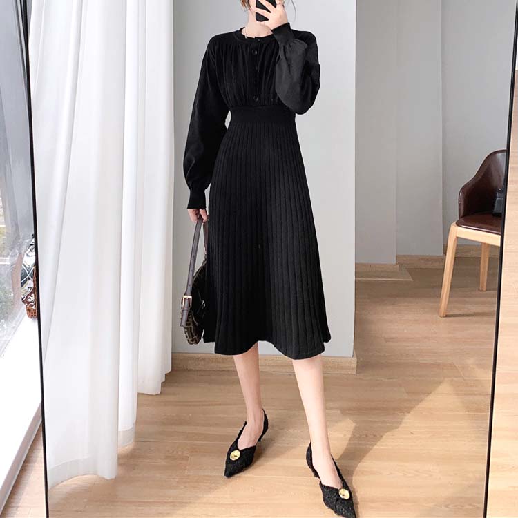 バルーンスリーブ プリーツ 切り替え ミモレ丈 ニットワンピース