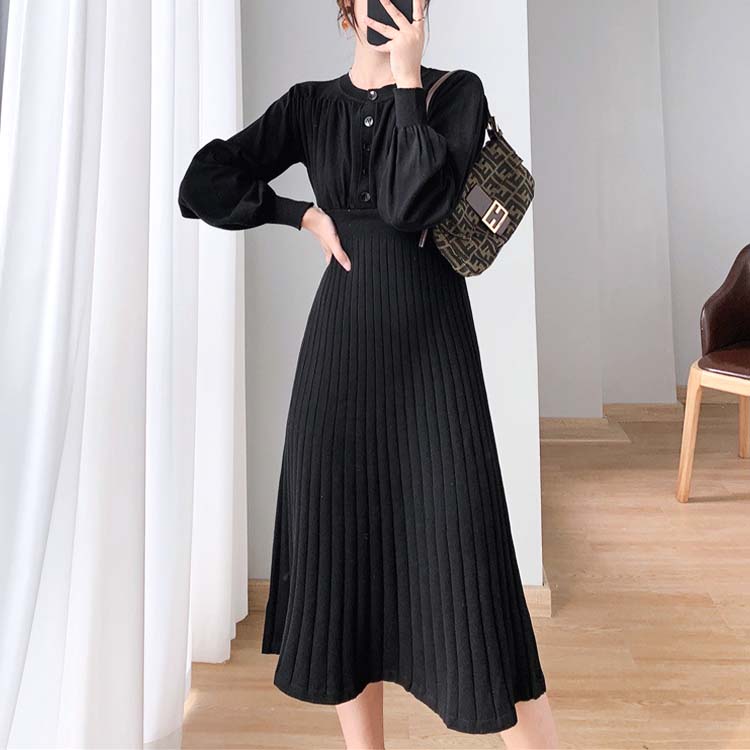 バルーンスリーブ プリーツ 切り替え ミモレ丈 ニットワンピース