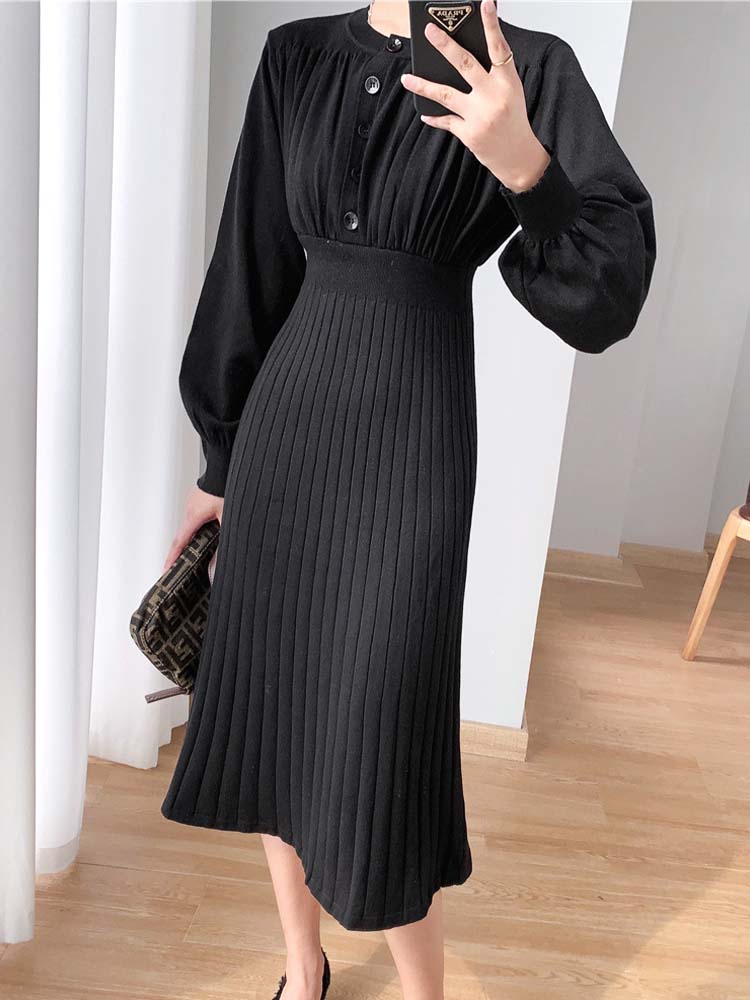 バルーンスリーブ プリーツ 切り替え ミモレ丈 ニットワンピース